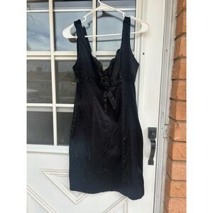 Vintage Bebe Black Satin Lace Trim Rosette Empire Waist Mini Dress Y2K Coquette